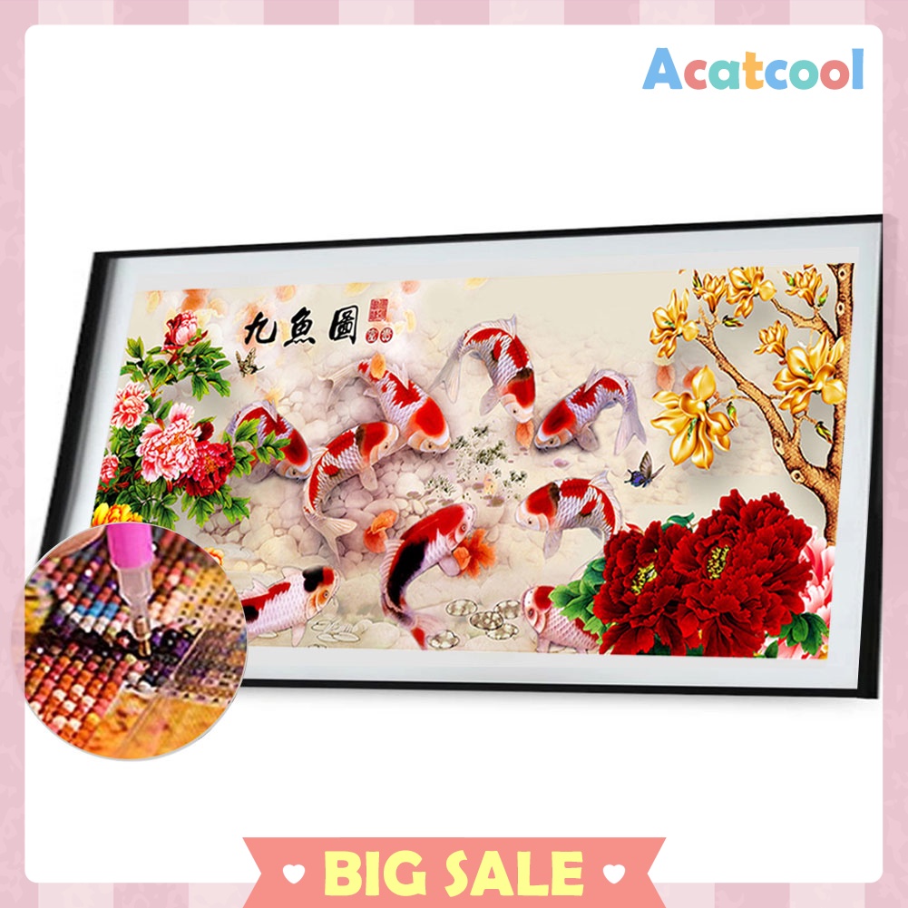 5D DIY Full Drill Diamond Painting Peony 9 Fishes Cross Stitch Embroidery