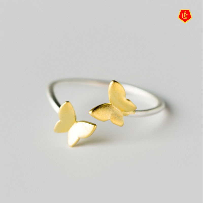 [Ready Stock]Korean-Style Simple Golden Double Butterfly Silver Ring