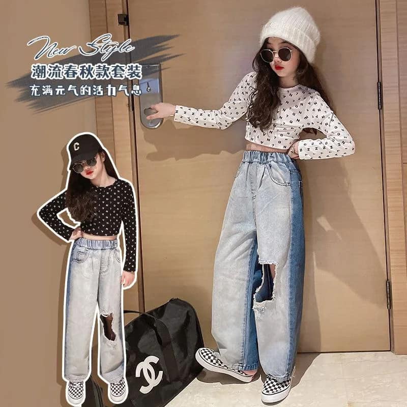SETELAN FASHION ANAK REMAJA PEREMPUAN IMPOR CROP TEE + CELANA PANJANG JEANS RIPPED HITAM. PUTIH