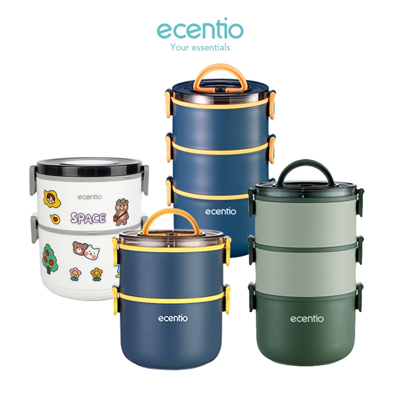 Tempat Makan ecentio kotak makan tempat makan lunch box 1600ml/2200ml bulat free sendok Anti bocor d