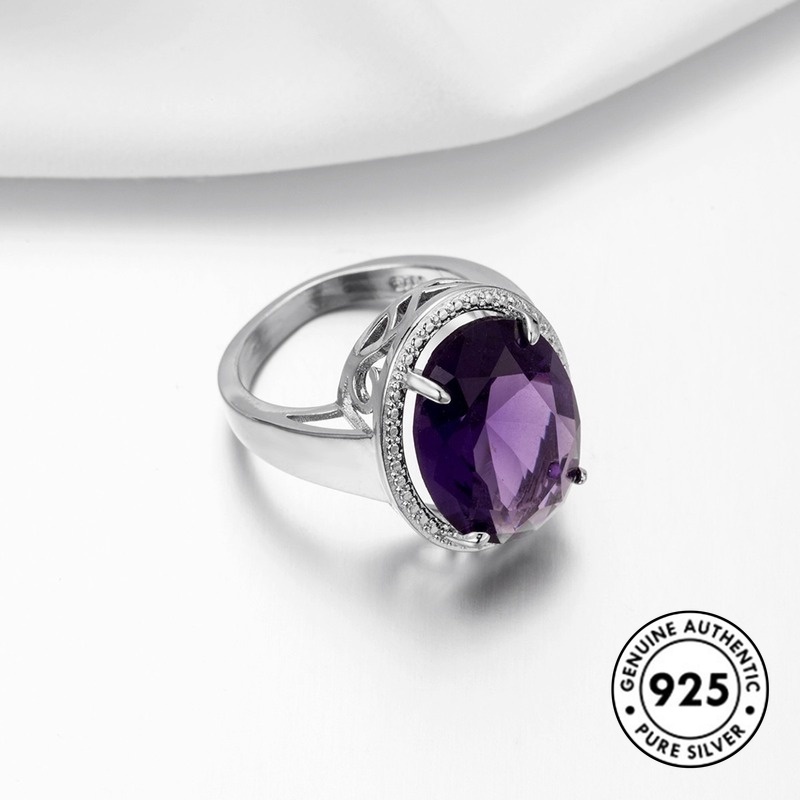 Cincin Silver S925 Hias Batu Permata Amethyst Besar Elegan Untuk Wanita