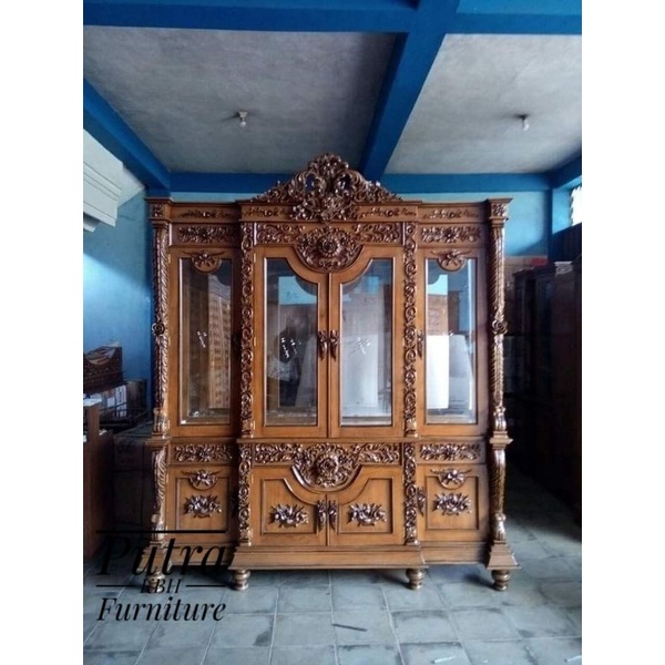 Lemari Hias Ukir Jepara, Bufet Pajangan Kaca pintu 4