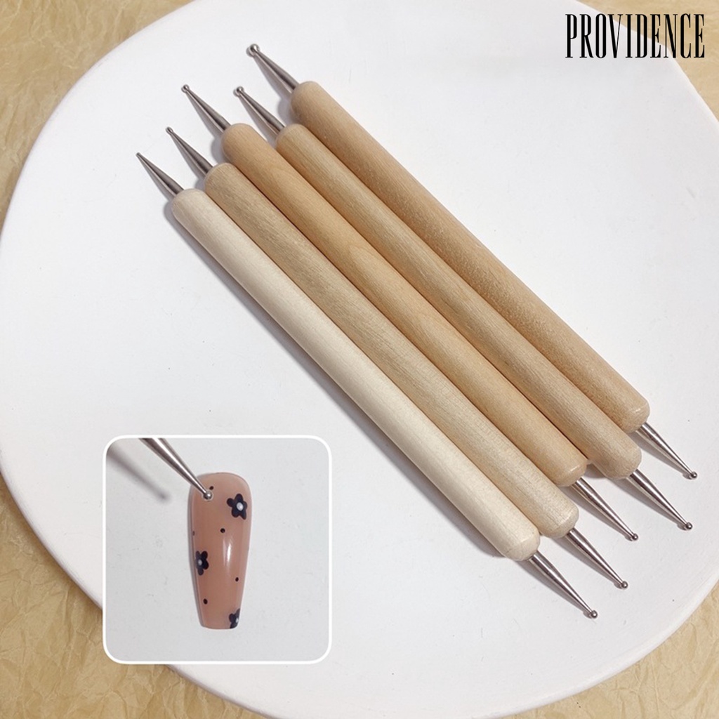 Providence 5pcs / Set Pen Dotting Nail Art Profesional Kepala Ganda Gagang Kayu Ergonomis