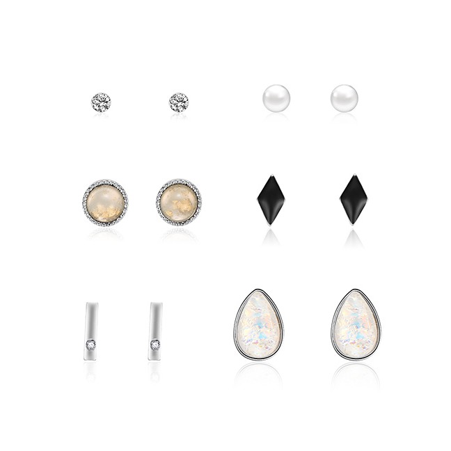 LRC Anting Set Fashion Silver Geometric Diamond Stud Earrings 6 Pairs F29787