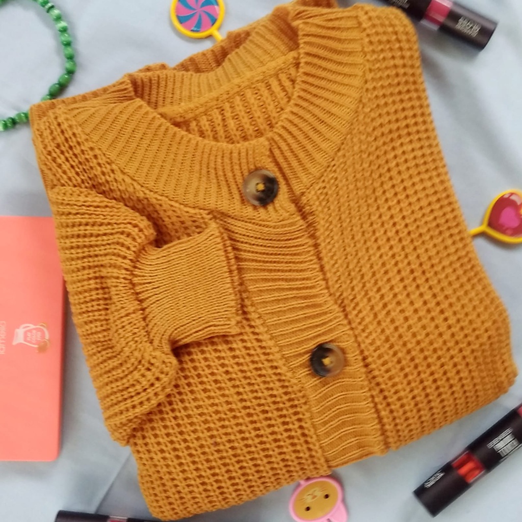 Baju Wanita Cardigan Rajut Tebal Kerah Shanghai Tangan Balon 7G-Mustard