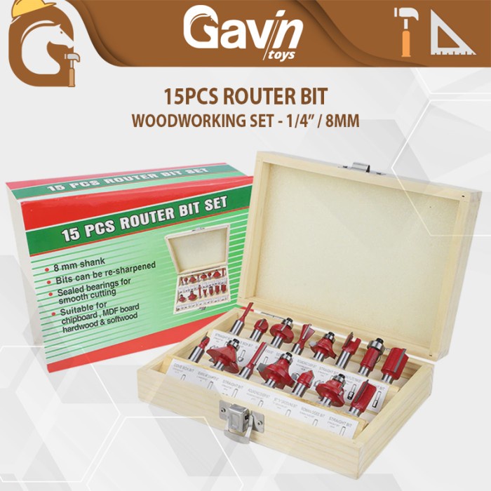 Mata Profil Kayu 8mm Woodworking Tools Set 15 pcs Router Bit DIY 15pcs