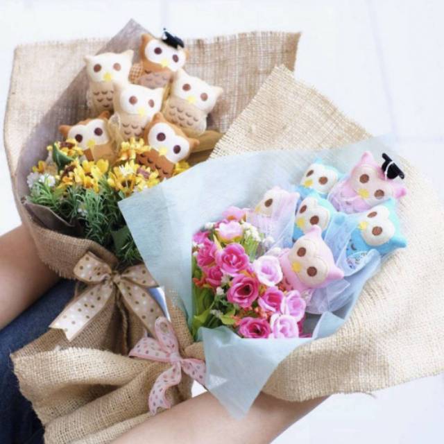 Kado hadiah wisuda buket box bunga boneka owl murah surabaya