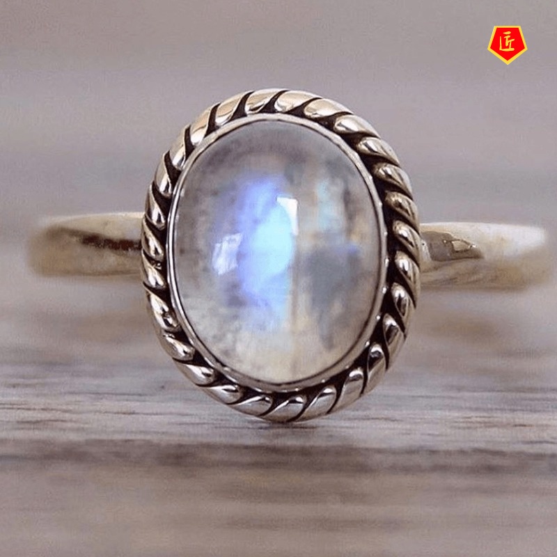 [Ready Stock]Retro Punk Inlaid Moonstone Ring 925 Silver Fashion Personality