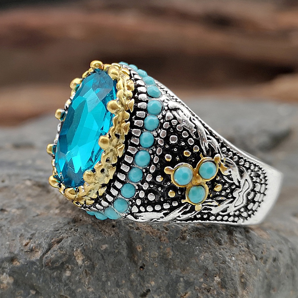 Hu Hu Hu Hu Hu Alat Bantu Pasang Kacamata♡ Cincin Pria Hias Turquoise Biru Berlian Imitasi Gaya Vintage Untuk Pernikahan