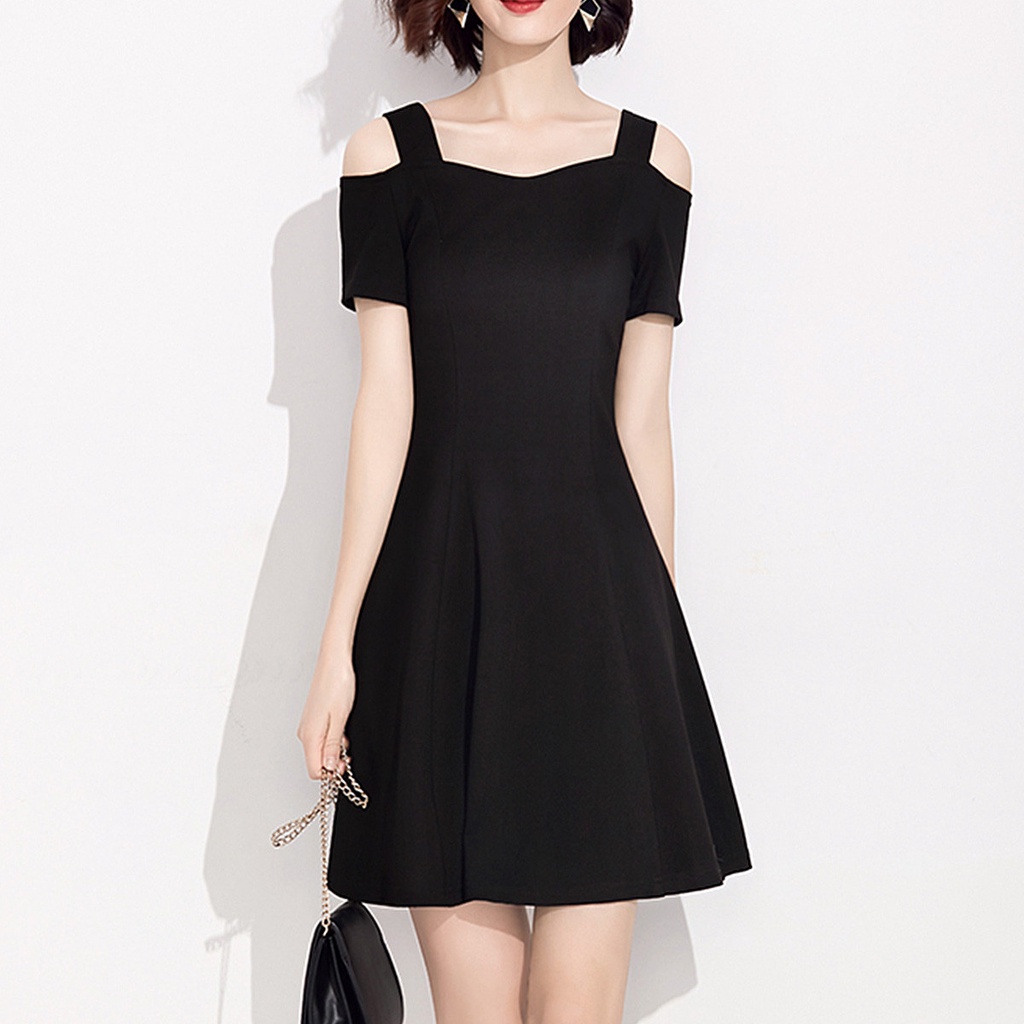 Baju Dress Gaun Korea Mini Midi Pendek Flare Spandek Polyester Hitam Polos Lengan Pendek Terbuka