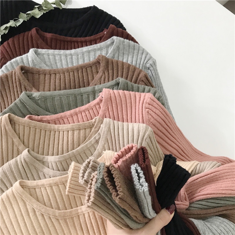 Sweater Rajut Lengan Panjang Kerah Setengah Tinggi Wanita Korea