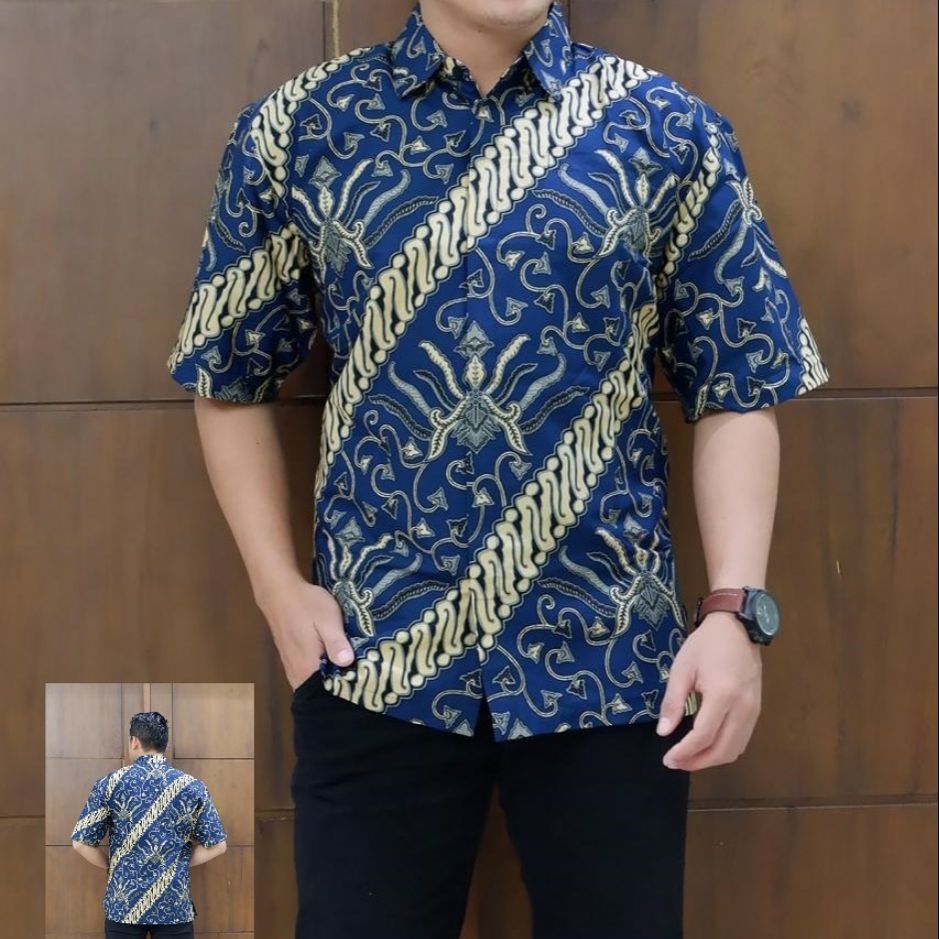 Hem Batik Terbaru / Kemeja Batik Lengan Pendek RAJENDRA NAVY Batik Lengan Pendek Lapis Furing