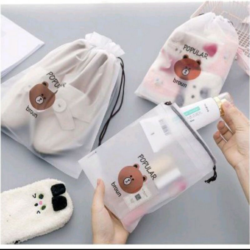 Travel pouch organizer travel bag tas kantong serut tempat penyimpanan alat make up mandi sepatu multifungsi anti air waterproof brown transparant