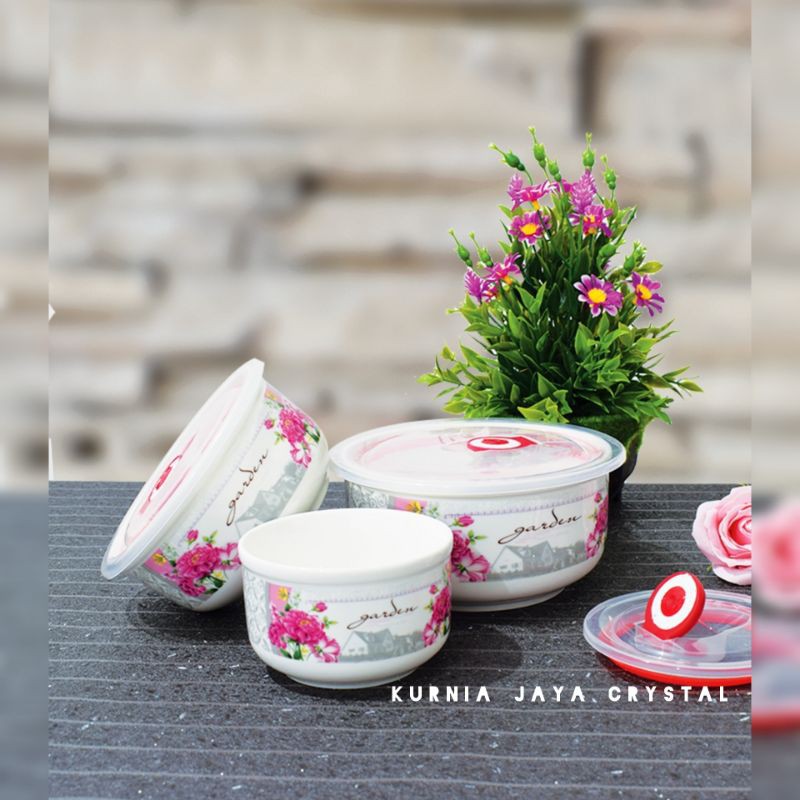 Tempat makanan keramik motif garden 1set 3/ food container fiorenza/ Tempat bekal makanan