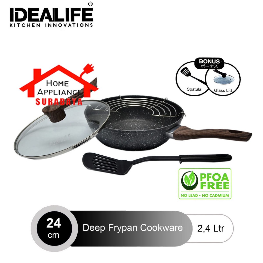 IDEALIFE Panci Penggorengan Deep Fryer Pan / Frypan Cookware + Oil Rack + Spatula + Tutup Kaca 24CM IL-24DFP / 28CM IL-28DFP