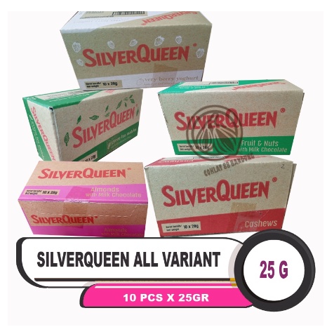 

SILVERQUEEN 25GR ISI 10 PCS BOX EX 28GR - COKELAT SILVER QUEEN 25 GR/GRAM ALMOND/ MEDE/ CASHEW/ FRUIT/ MATCHA/ YOGURT 25G