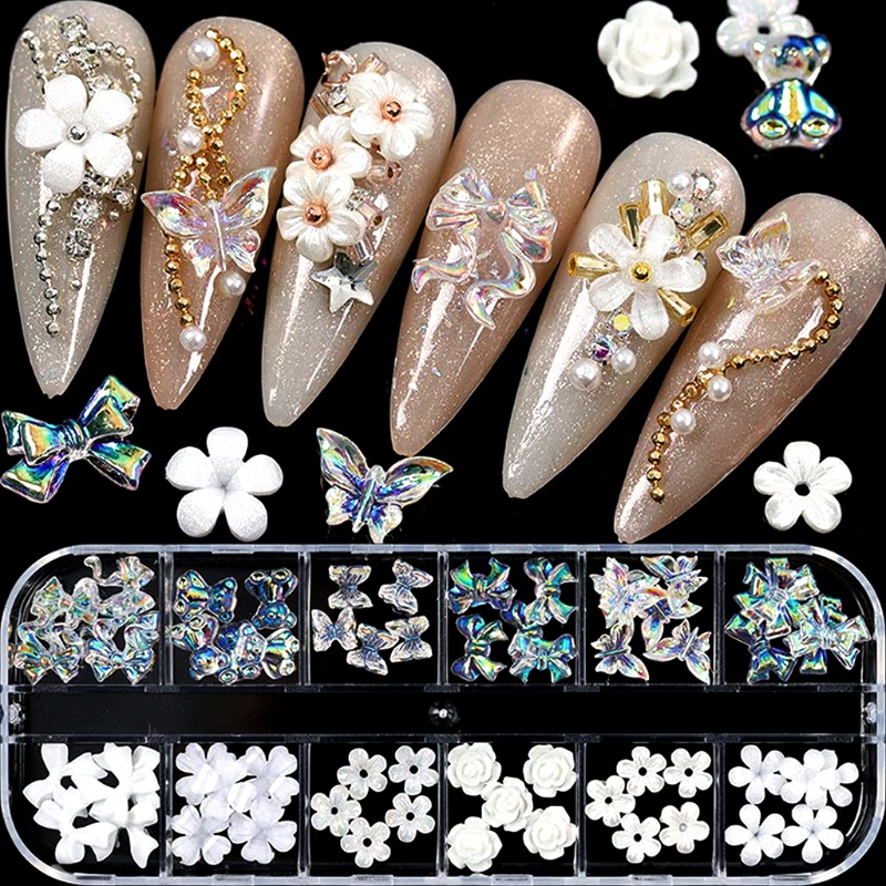 Siy Stiker Kuku Motif Kupu-Kupubunga Aksen Glitter Warna Putih Untuk Aksesoris Nail Art Butterfly