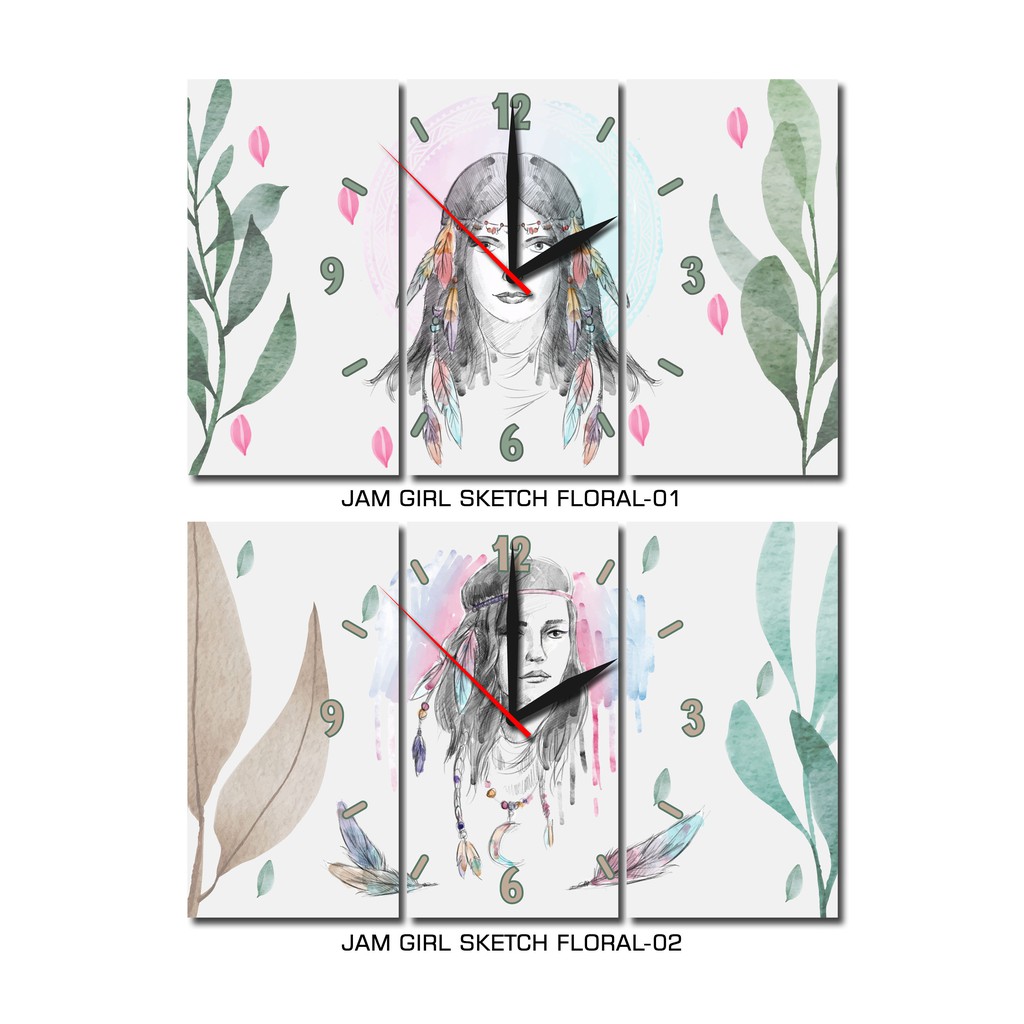 Jam Dinding Girl Sketch Floral Daun Cewek Daun Hiasan Pajangan Dekorasi Ruang Kamar Tidur Cewek Cafe