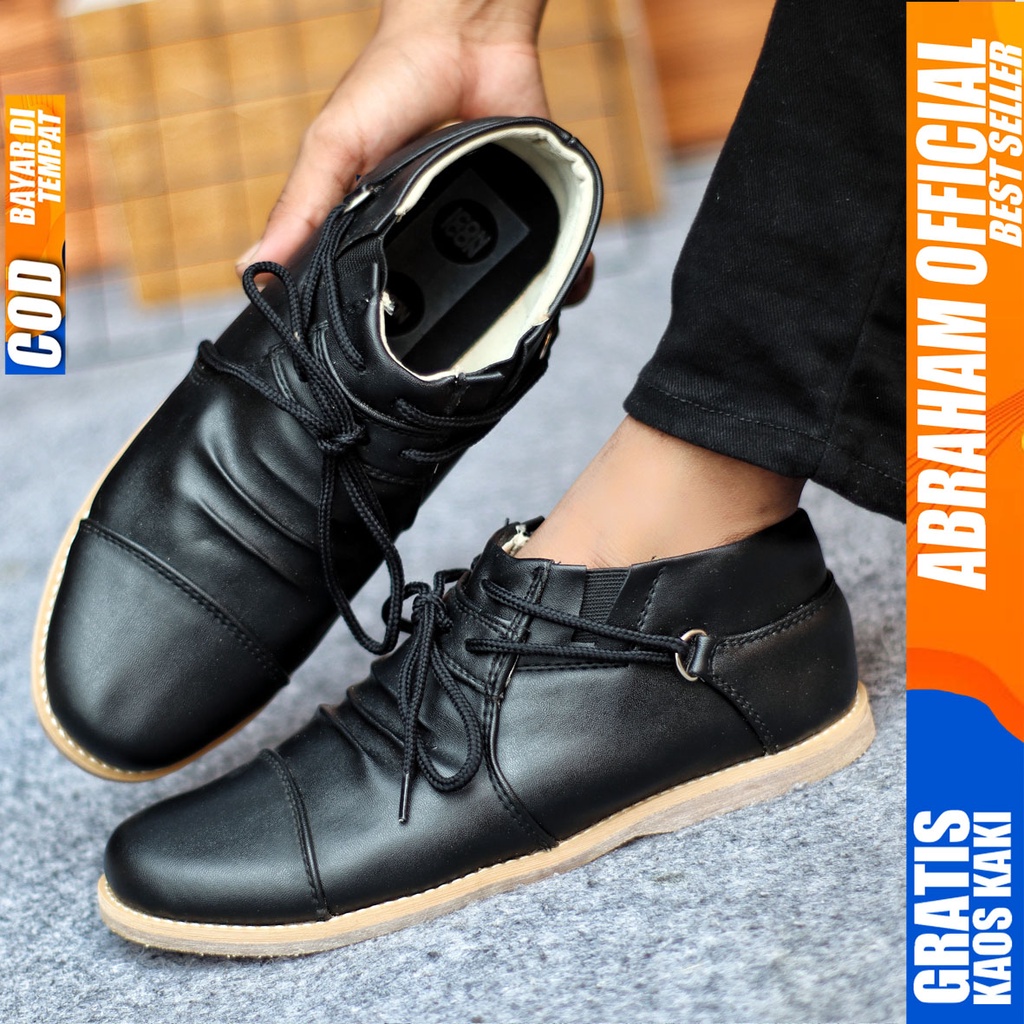 Sepatu Casual Pria Formal Slip On Pantofel Kulit Pu Kerja Kantor Kondangan Kuliah Hitam Fashion Shoes Terbaru Murah Kekinian Original ICON ABRAHAM