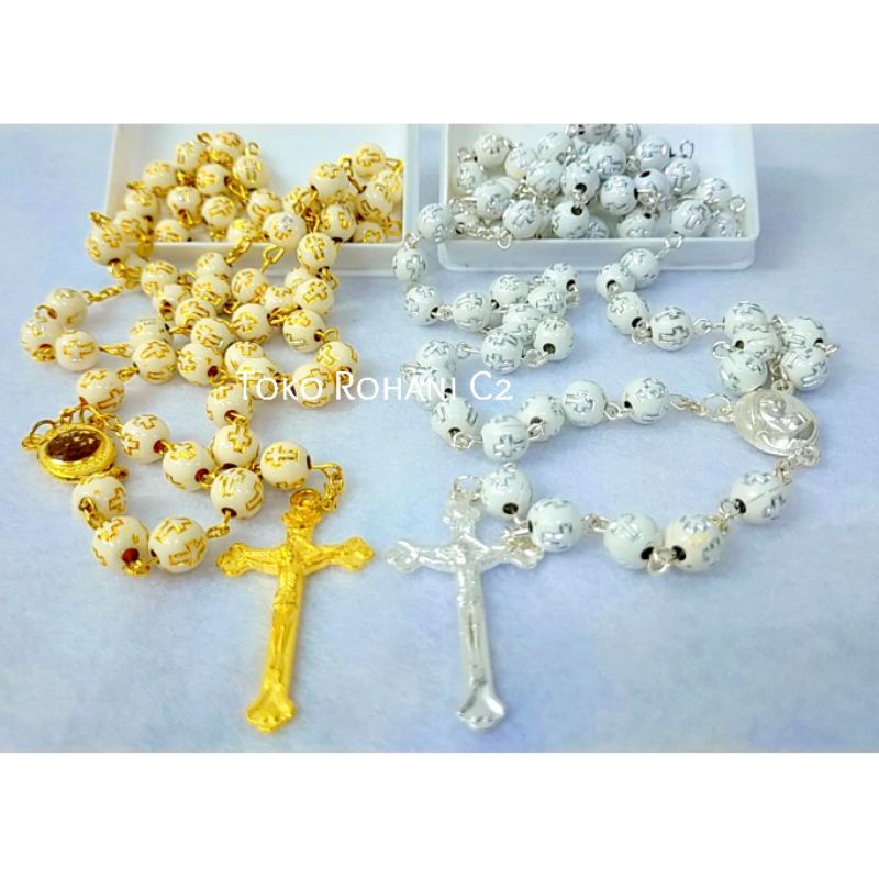 Rosario Jerusalem Gambar Salib Silver/Gold 6mm + Box - Rosario Jerusalem - Rosario Rohani