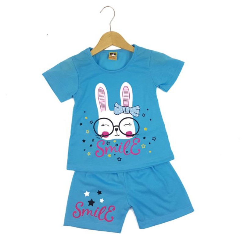 SETELAN BAJU ANAK PEREMPUAN SIKUNING MOTIF RABBIT SMILE 2-6 TAHUN NEW