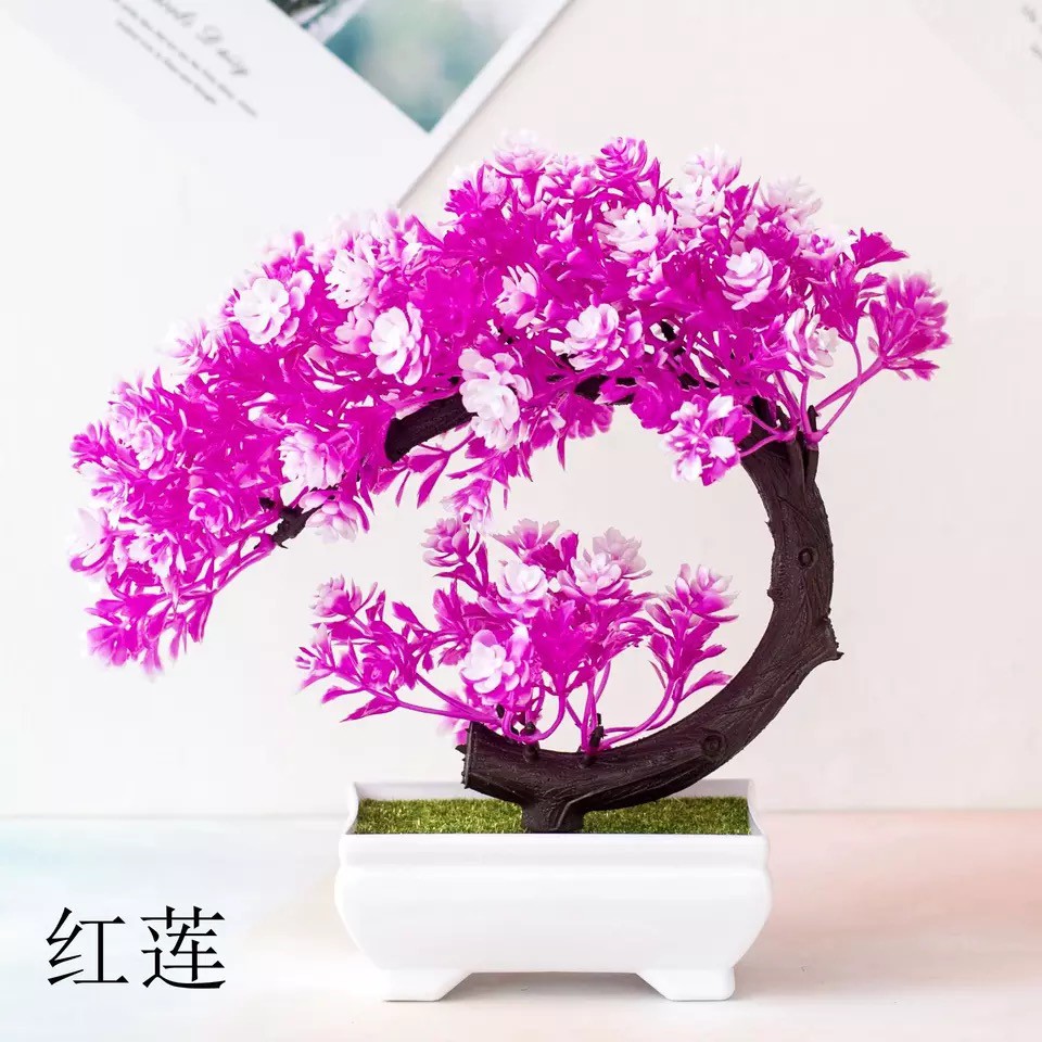 Artificial Flower Pot Bunga Plastik Pot Bunga Hiasan Pohon Buatan Dekorasi Rumah Motif Crescent-Red Lotus