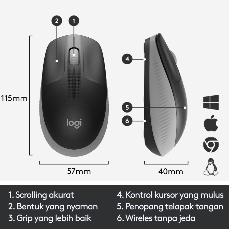 Logitech M190 CHARCOAL Mouse Wireless Full Size untuk Windows, Mac, Chrome OS &amp; Linux ABU