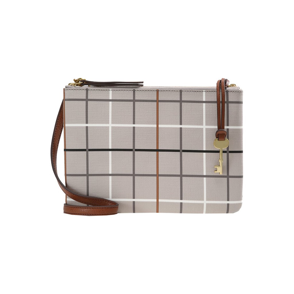 Fossil Devon Crossbody Grey Grid Print - Tas Branded Ori Original Asli Authentic Murah Sale Diskon
