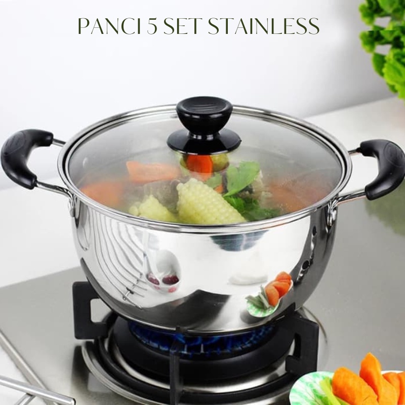 PROMO Panci Steamer Stainless Panci Steamer tutup kaca Set 5 In 1 Panci Kukus Stainless Steel Panci serbaguna