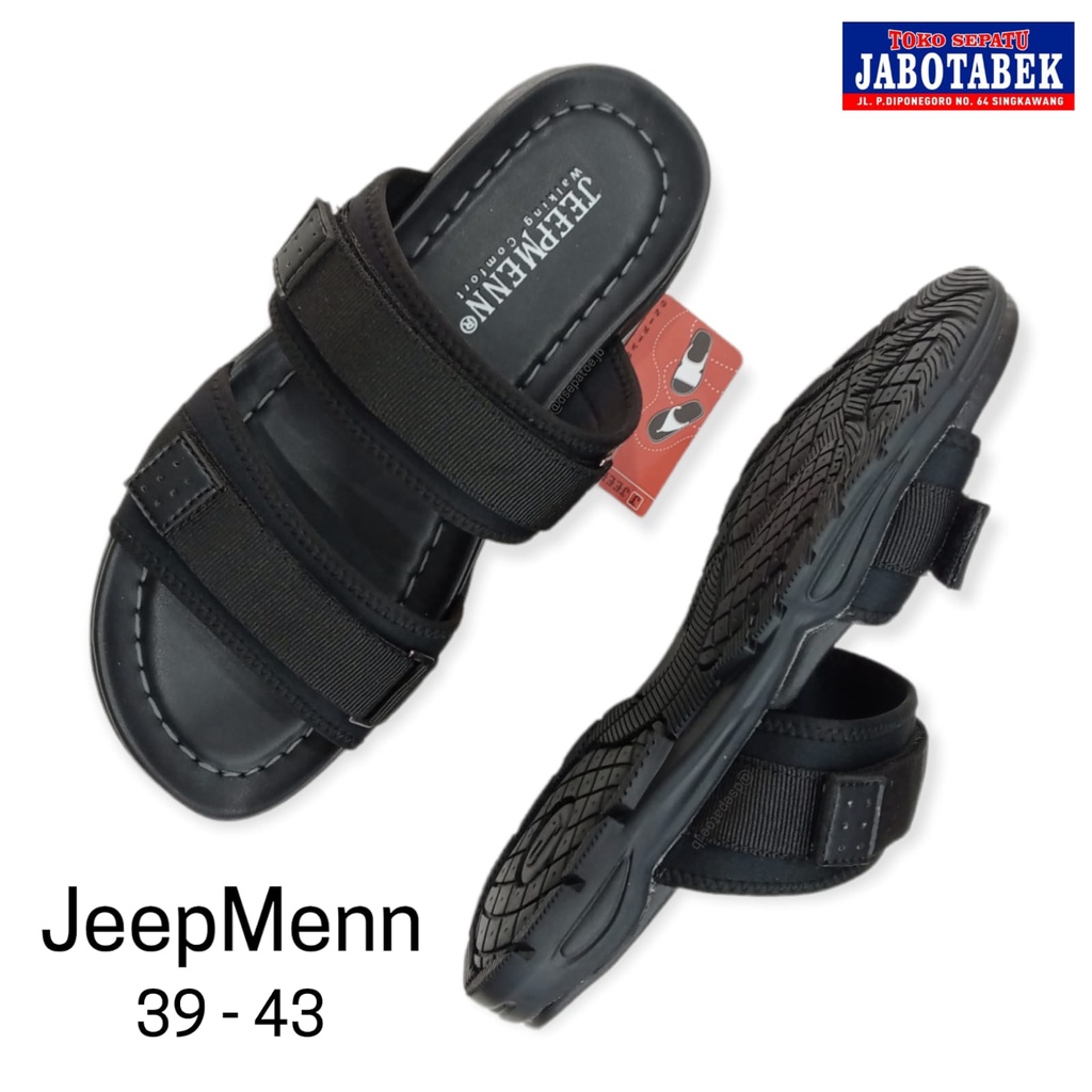 [COD] Sandal cowok casual selop ban dua straps perekat tempel velcro warna hitam polos simple teplek