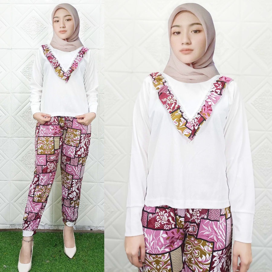 RIANTI SET CELANA CORAK BATIK DAN BAJU PUTIH GL FASHION