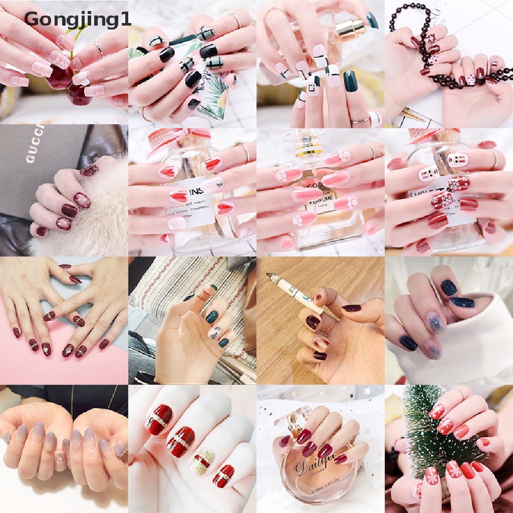 Gongjing1 Stiker Kuku Palsu Full Cover Bahan Akrilik Reusable Untuk Nail Art