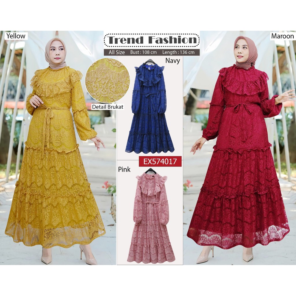 Gamis Destia full brukat impor + furing rempel 3 susun lengan Balon merk extu