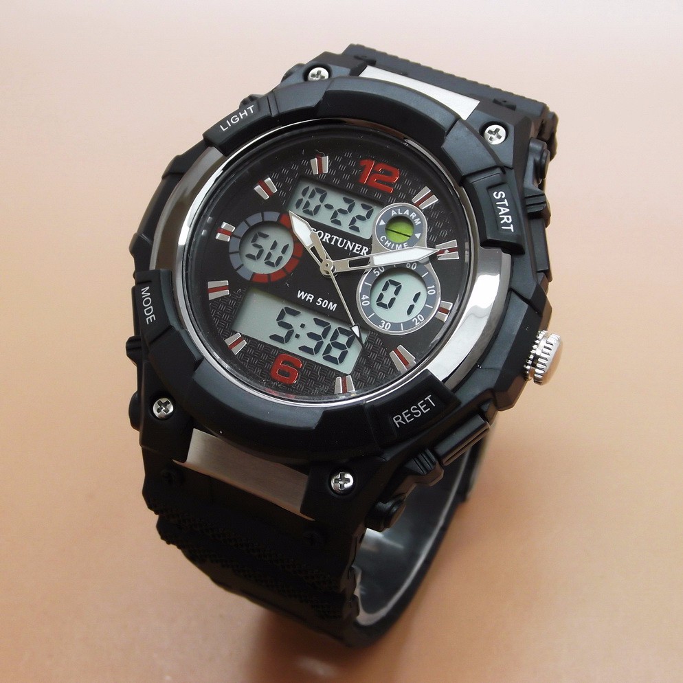Fortuner Pria: Jam Tangan Pria / Cowok Fortuner Dual Time FR2408 Rubber Black B_SWH