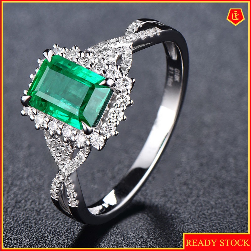 [Ready Stock]Inlaid Square Emerald Diamond Ring Fashionable Elegant