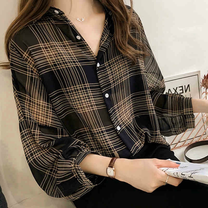 kemeja wanita lengan panjang retro kotak-kotak longgar plus ukuran-Hitam