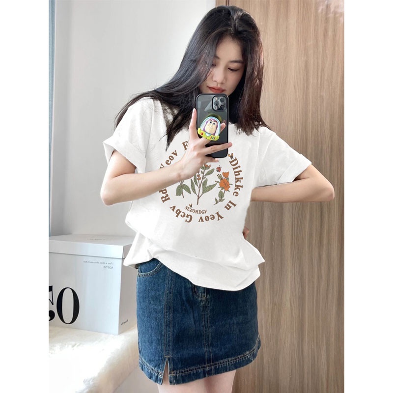 XIAOZHAINV Kaos Putih Atasan Wanita Round Flower Pattern Lengan Pendek 0150