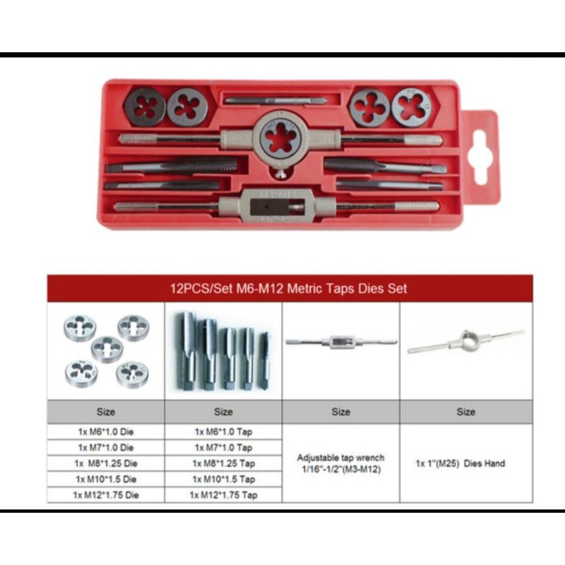 HAND TAP SET ADJUSTABLE HAND TAP DIES SET 12PCS ALAT SNAI DAN TAP ULIR