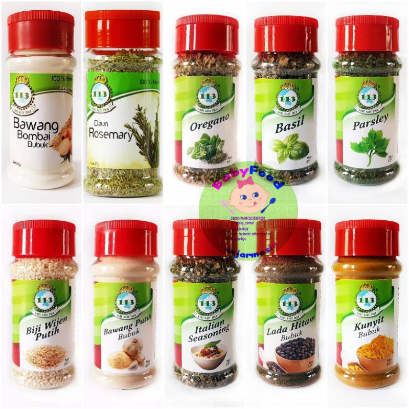

satu satu tiga bumbu praktis parsley oregano kunyit bubuk jahe bubuk lada hitam rosemary tim paprika