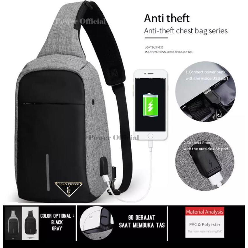 Polo Power Tas Selempang Pria Smart Crossbody Sling bag Import USB Portable Slempang Polo Original