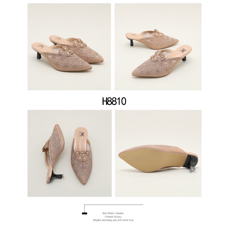 HELIVA NADIA Mid Heels 5,5cm Sepatu Mules Batik Bunga Bahan Kulit Gliter H8810 Original Brand Heels Kondangan Manik