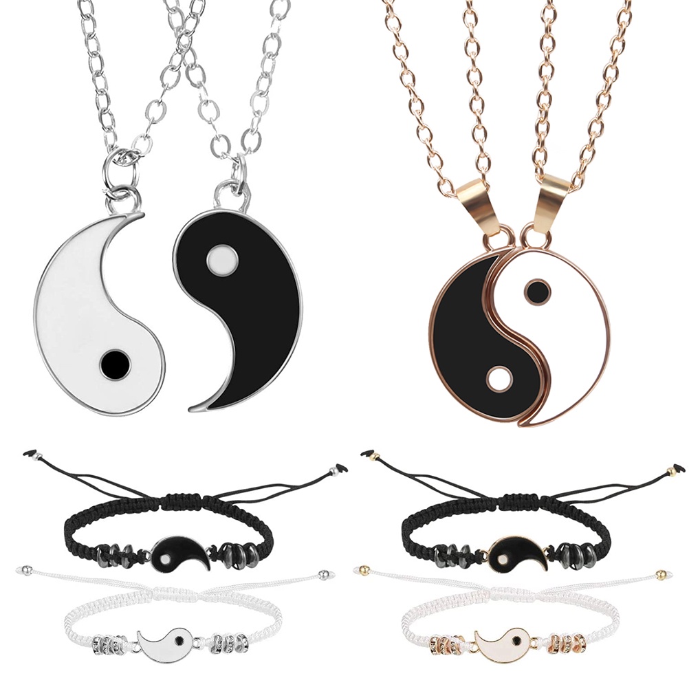 2pcs / Set Kalung Gelang Manik-Manik Yin Yang Yin Yang Warna Hitam Dan Putih Untuk Aksesoris Pasangan