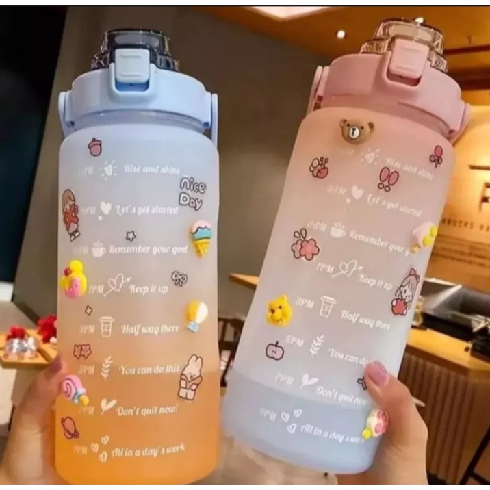 Botol Minum  2000ML Botol Minum Gradasi 2 Liter Penanda Waktu - Botol Minum Korea Viral Free Sticker 2D Dan 3D