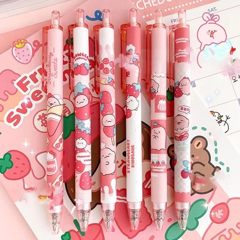 1pc Pulpen Tinta Gel 0.5mm Warna Hitam Desain Kartun Strawberry / Dinosaurus Untuk Stationery Sekolah / Kantor