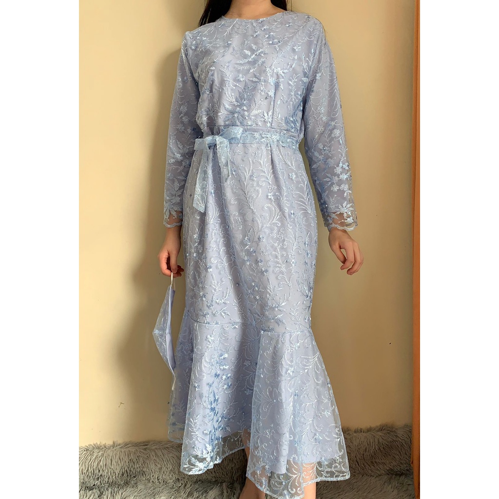 Ken-237 Busana Gamis Long Dress kondangan Muslim Hijab Wanita Dress Pesta Korean Look Model Duyung Premium Full Tulle High Quality-Baby Blue