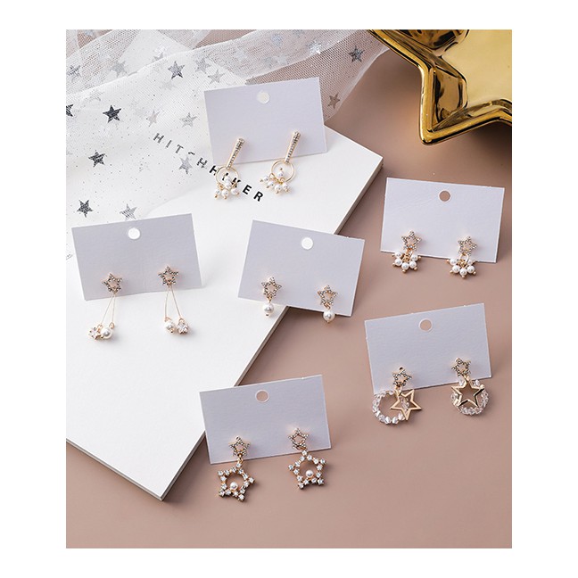 LRC Anting Tusuk Fashion Pearl Pole Star Crystal Circle 925 Silver Pin Stud Earrings F48303