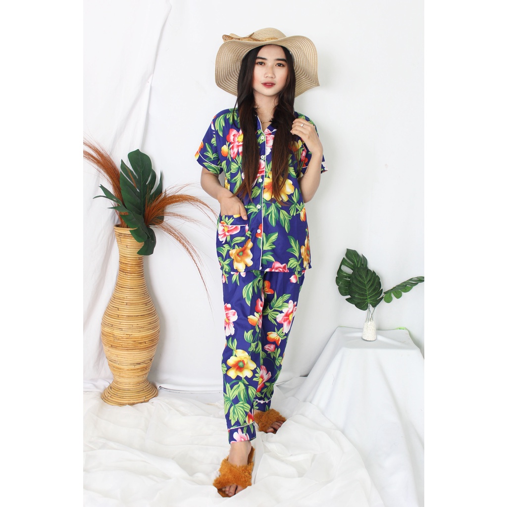 OKHISHOP - CP1 Piyama Pajamas CP Baju Tidur Piyama Wanita Dewasa Setelan CP Motif Trendy Karakter Kotak Guilen-CP Flower Navy