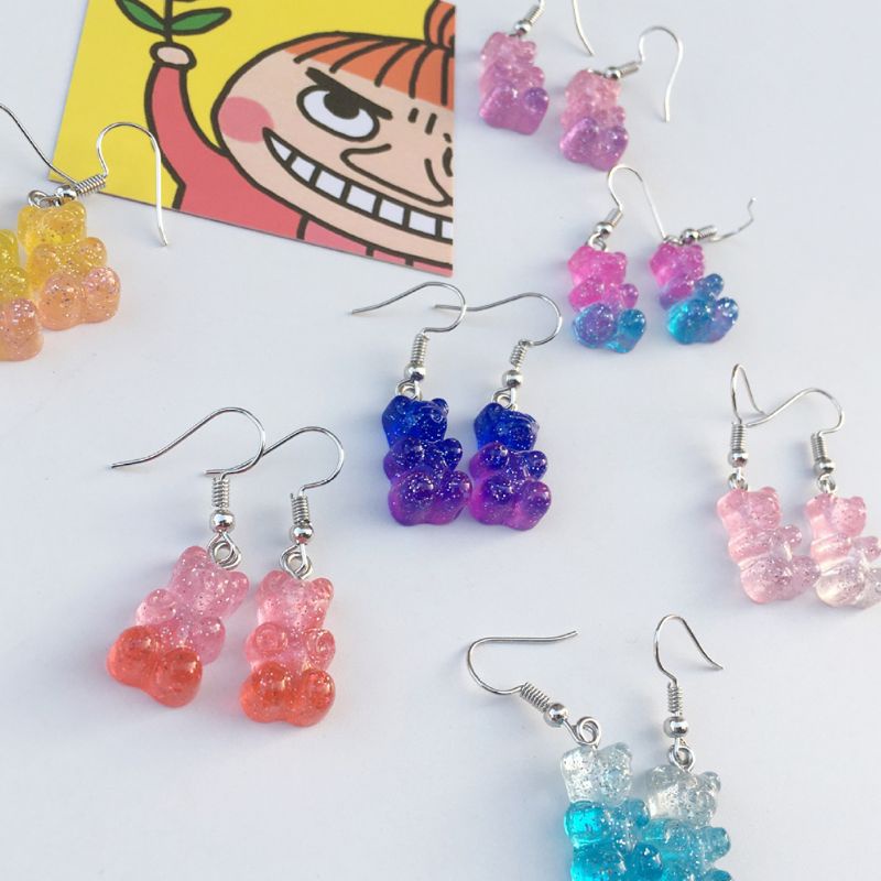 Siy 1 Pasang Anting Kait Gantung Wanita Bahan Resin Desain Beruang Kartun Warna Warni Menarik Untuk Hadiah
