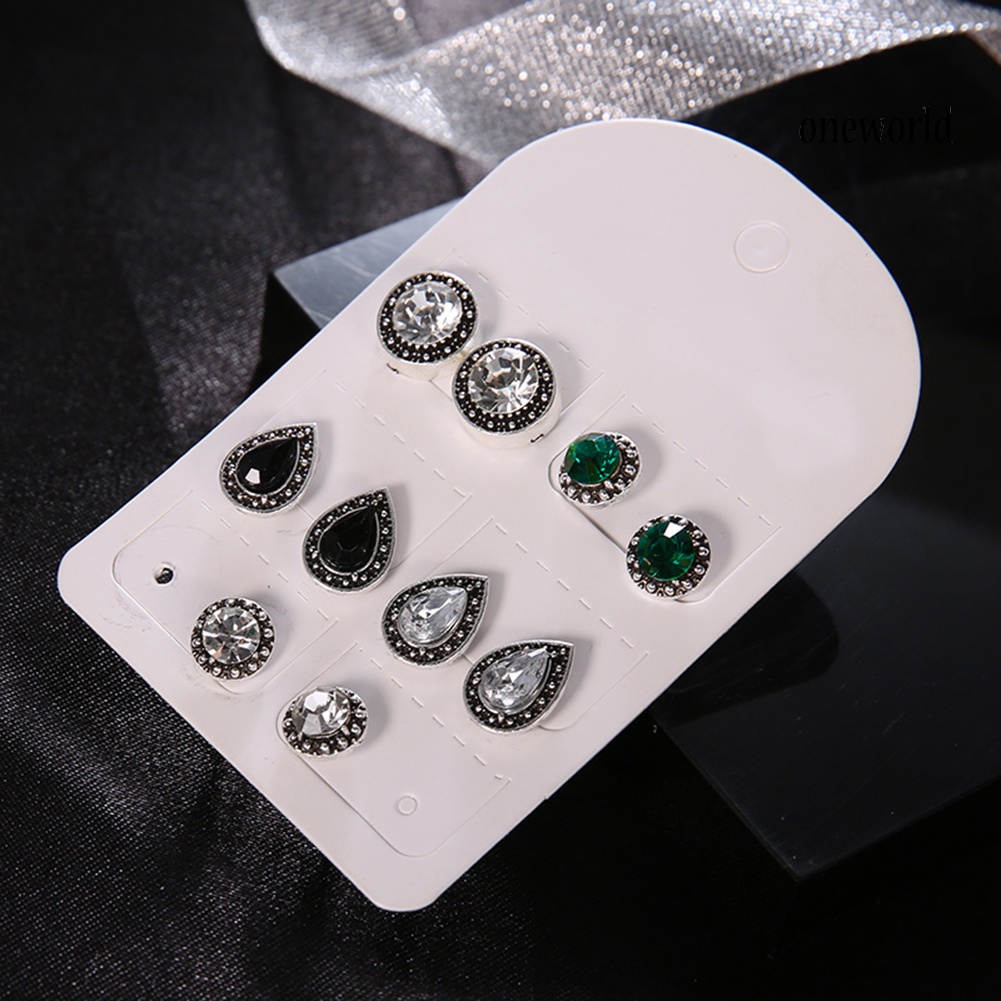 OW@ 5 Pairs Round Waterdrop Shape Ear Studs Set Women Retro Party Earrings Jewelry