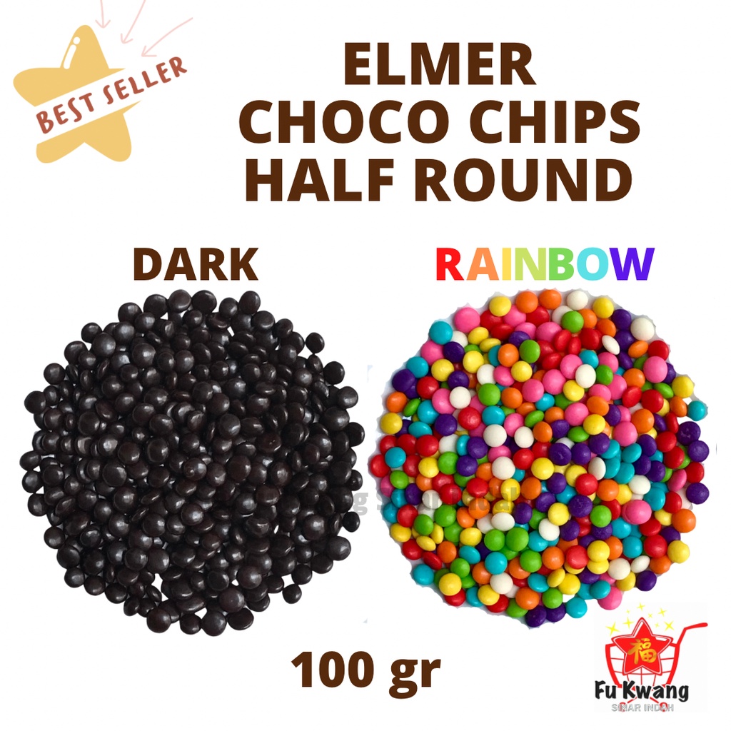 

Elmer Choco Chips Half Round HR 100 gram - DARK - COLORED RAINBOW / Choco Chip